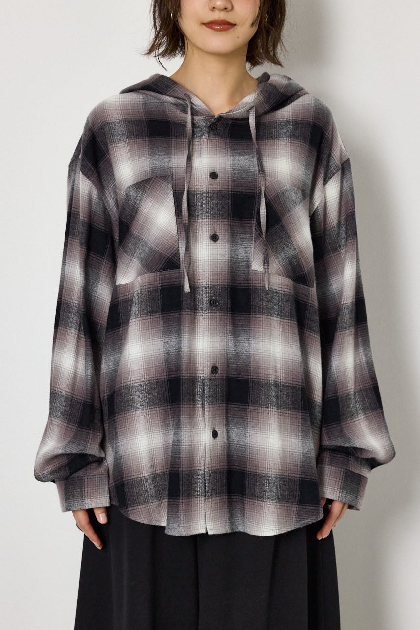 【UNISEX】フーディーチェックシャツ 柄BLK M