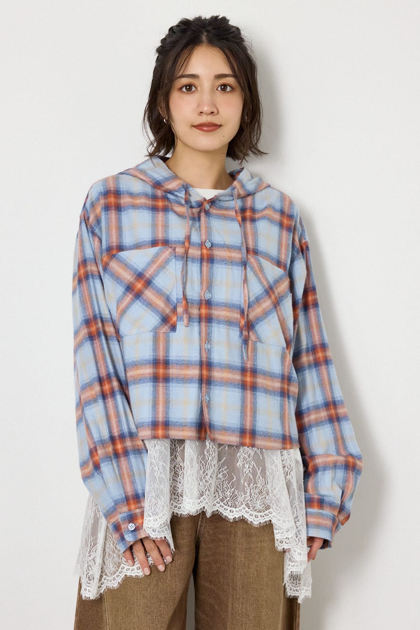 【UNISEX】フーディーチェックシャツ 柄BLU L