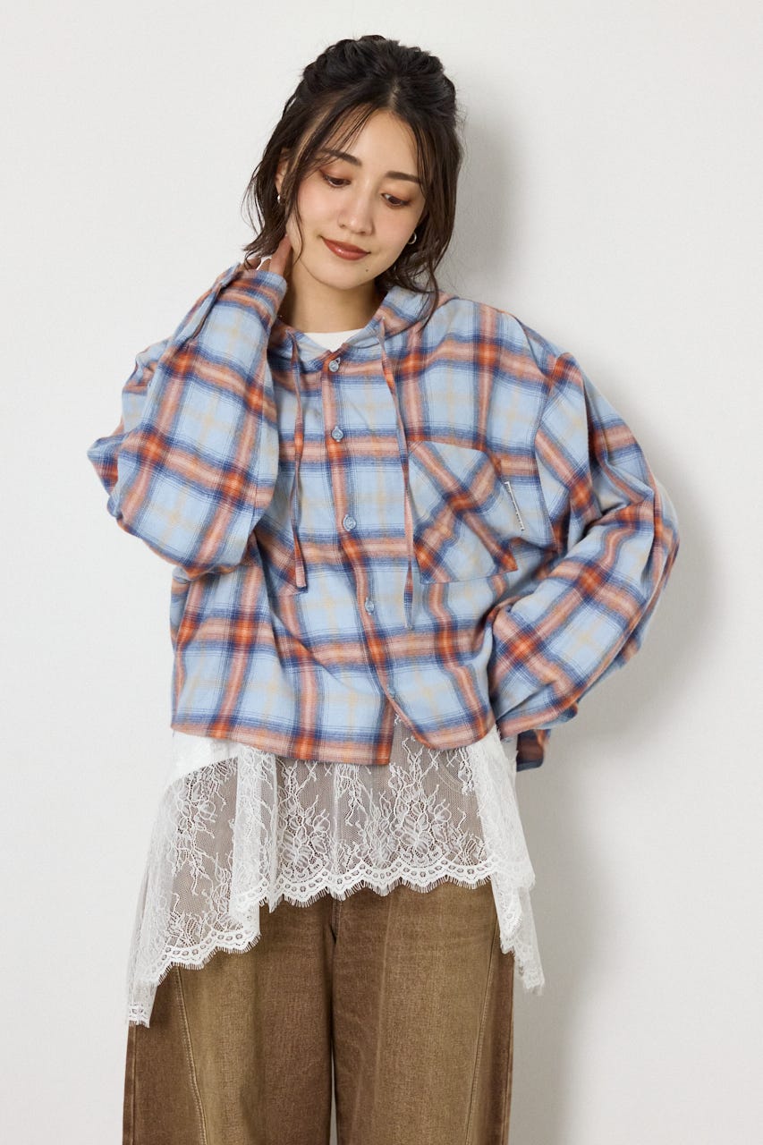 【UNISEX】フーディーチェックシャツ 柄BLU L