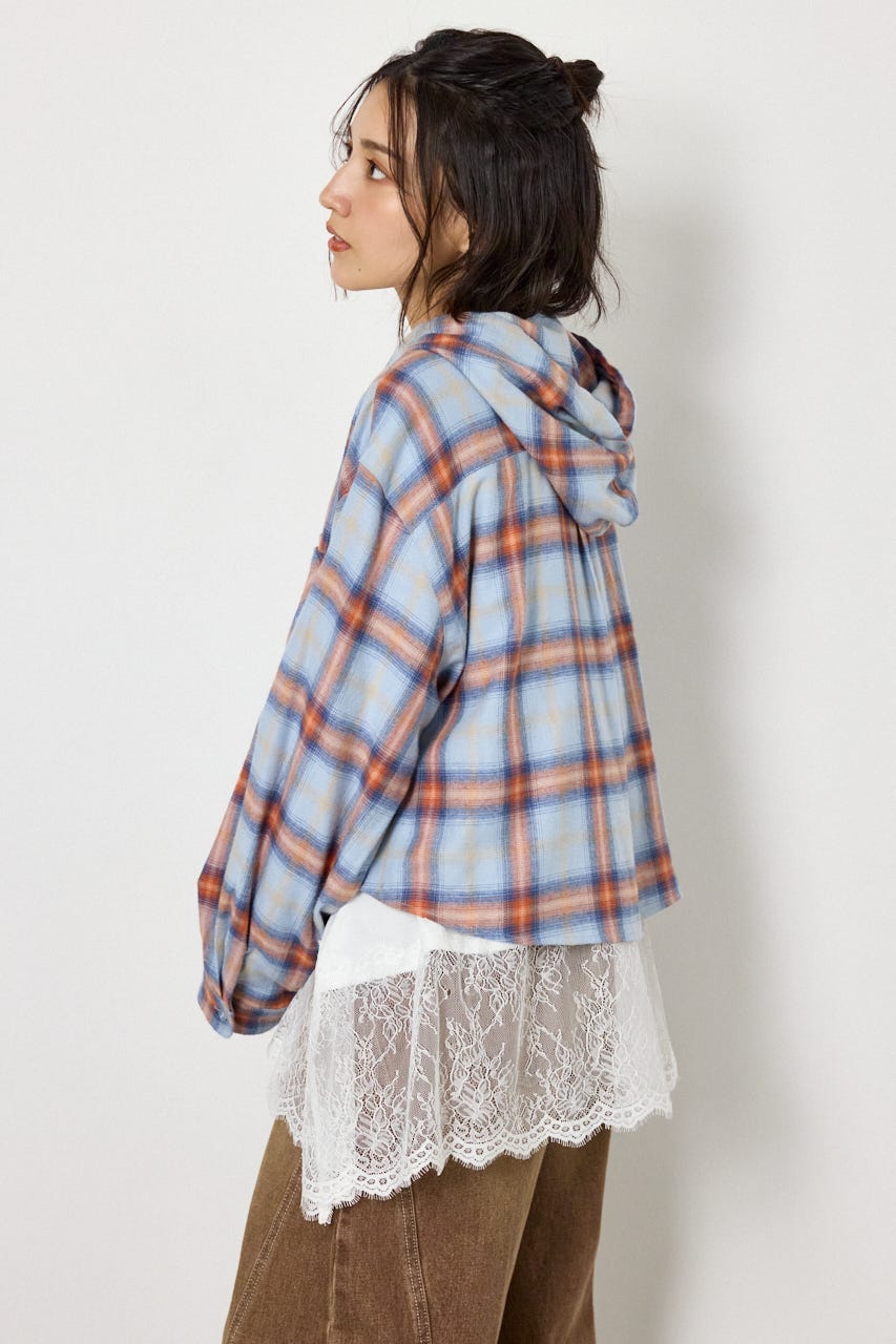 【UNISEX】フーディーチェックシャツ 柄BLU L