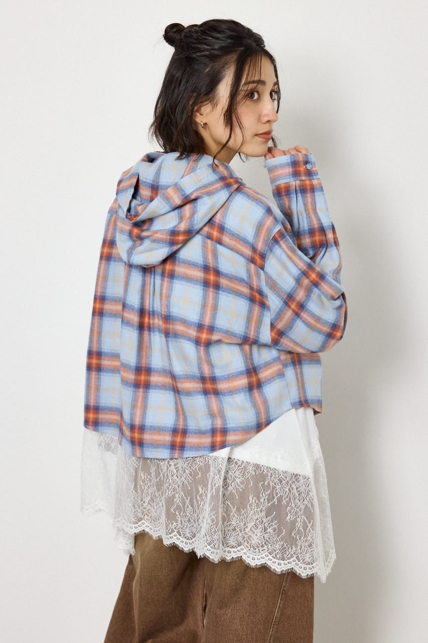 【UNISEX】フーディーチェックシャツ 柄BLU L