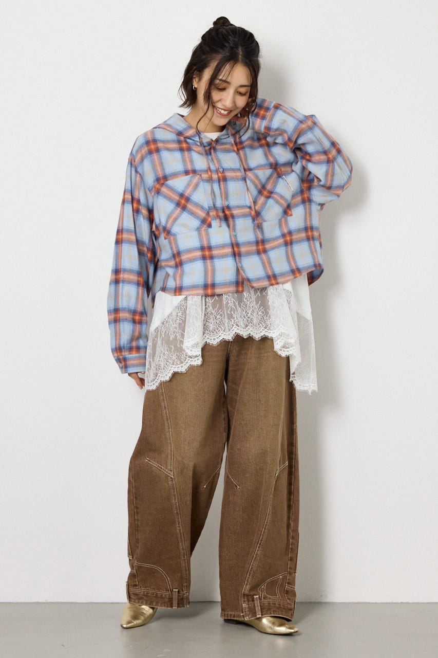 【UNISEX】フーディーチェックシャツ 柄BLU L