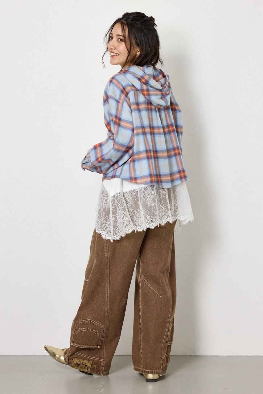 【UNISEX】フーディーチェックシャツ 柄BLU L