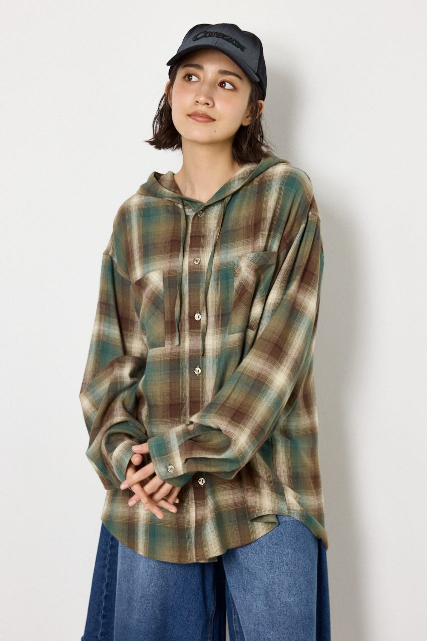 【UNISEX】フーディーチェックシャツ 柄BRN L