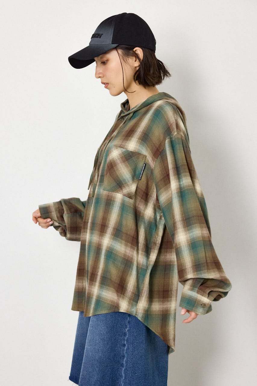 【UNISEX】フーディーチェックシャツ 柄BRN L