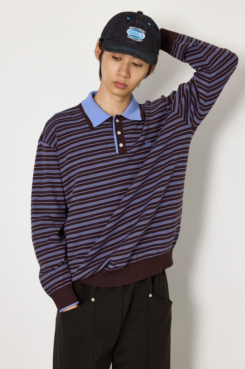 (UNISEX)SHAREニットポロシャツ 柄BRN L