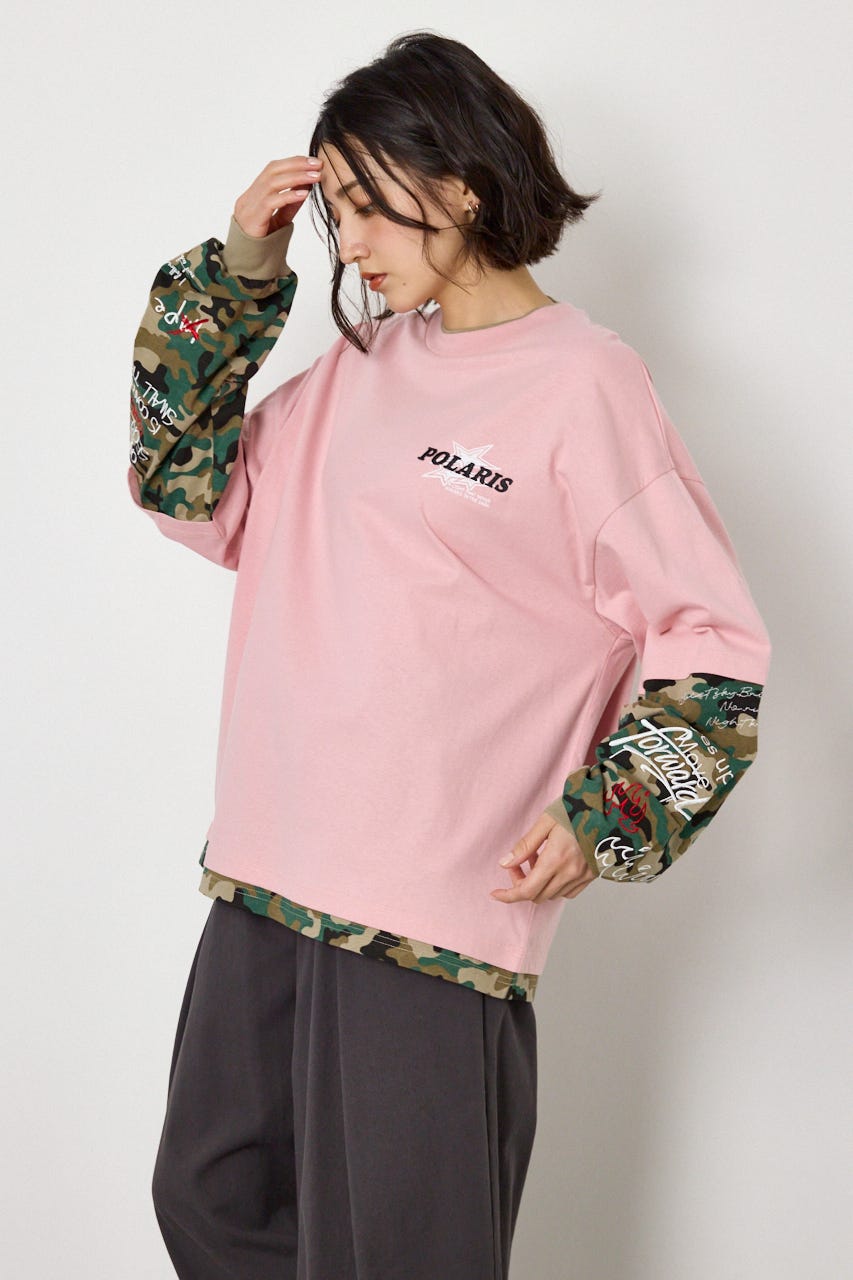【UNISEX】スターレイヤードロングスリーブTシャツ 柄PNK M