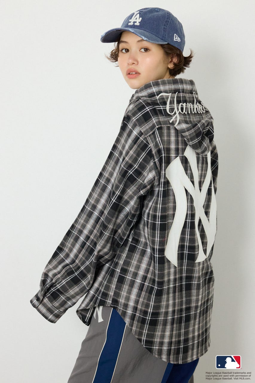 (MLB)フードチェックシャツ 柄BLK FREE