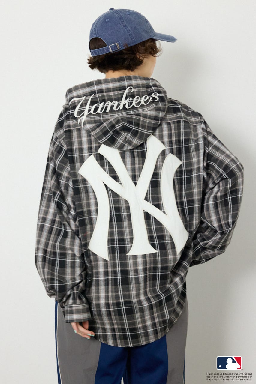 (MLB)フードチェックシャツ 柄BLK FREE