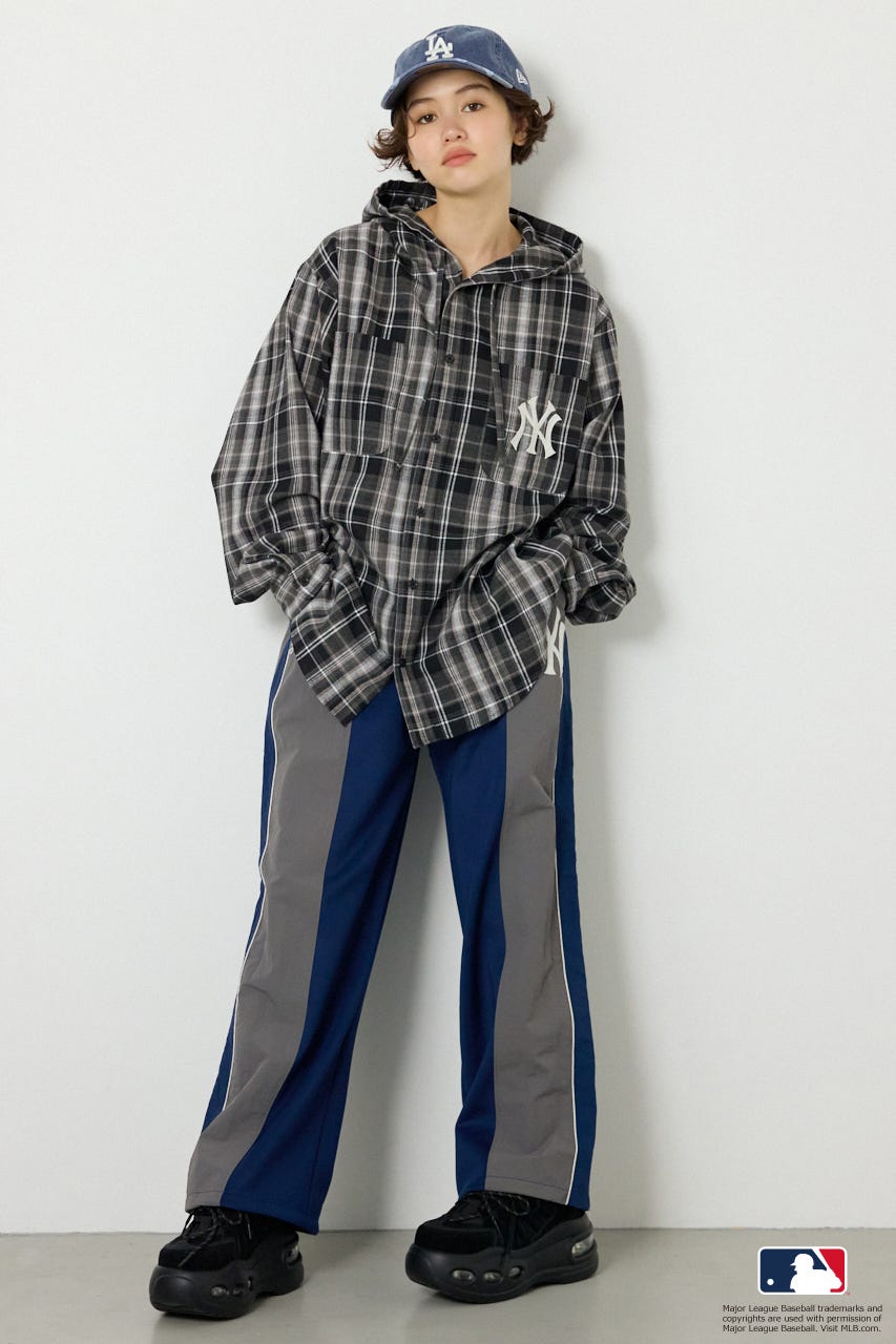 (MLB)フードチェックシャツ 柄BLK FREE