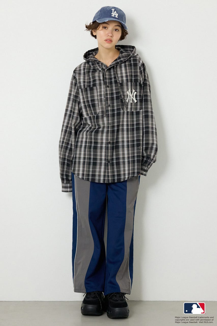 (MLB)フードチェックシャツ 柄BLK FREE
