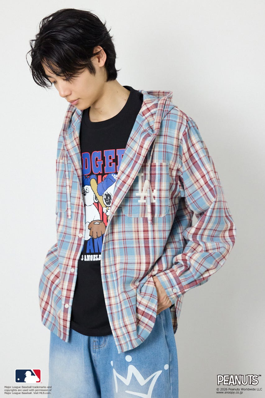 (MLB)フードチェックシャツ 柄BLU FREE