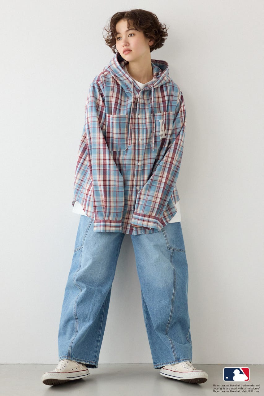 (MLB)フードチェックシャツ 柄BLU FREE