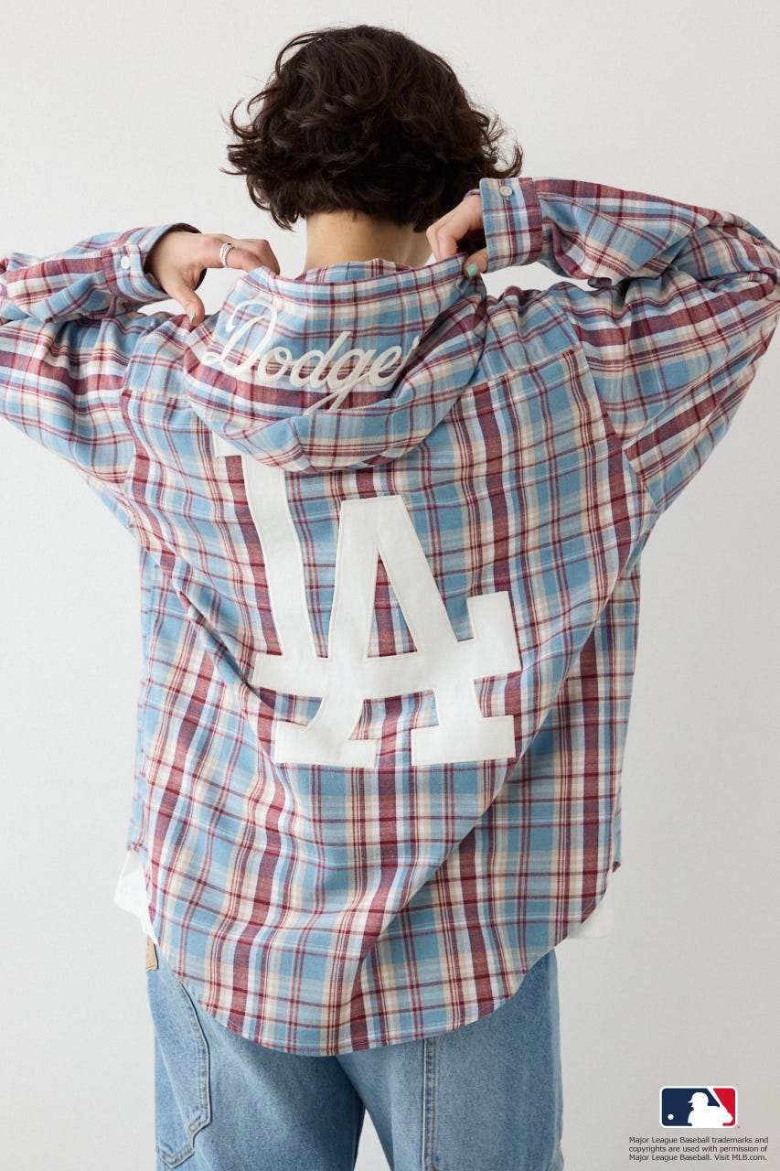 (MLB)フードチェックシャツ 柄BLU FREE