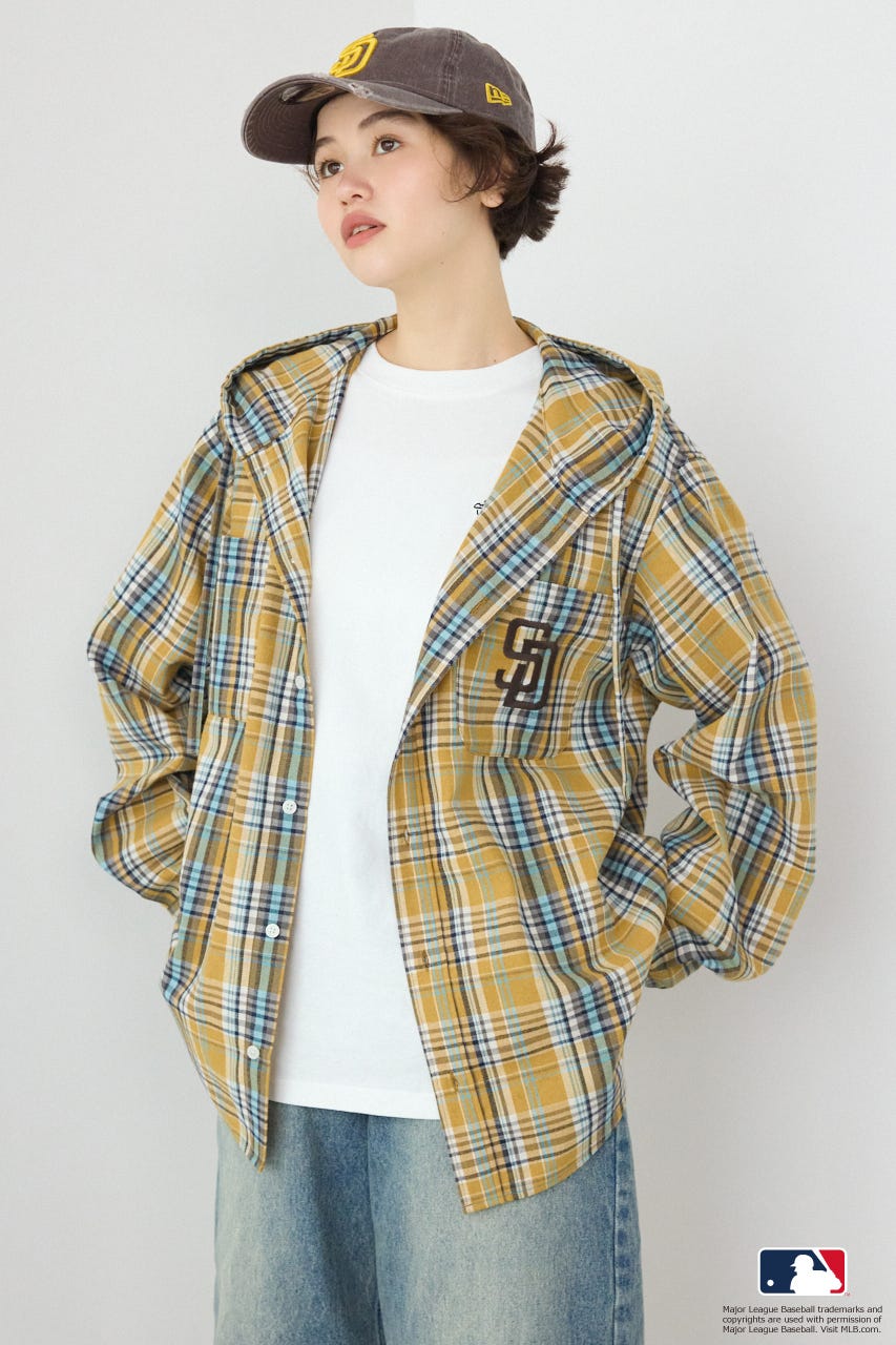 (MLB)フードチェックシャツ 柄BRN FREE