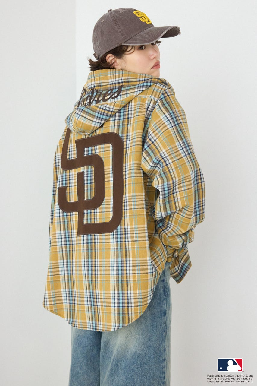 (MLB)フードチェックシャツ 柄BRN FREE