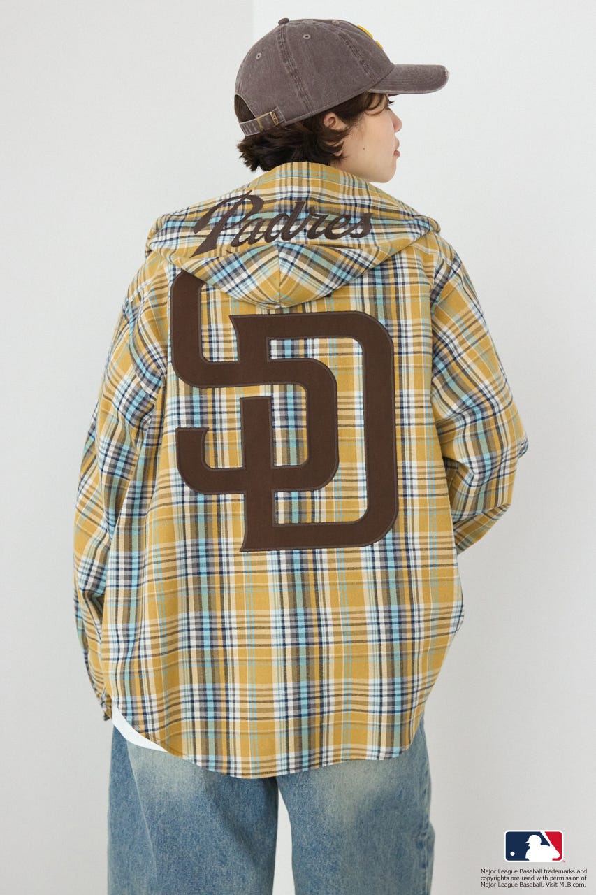 (MLB)フードチェックシャツ 柄BRN FREE