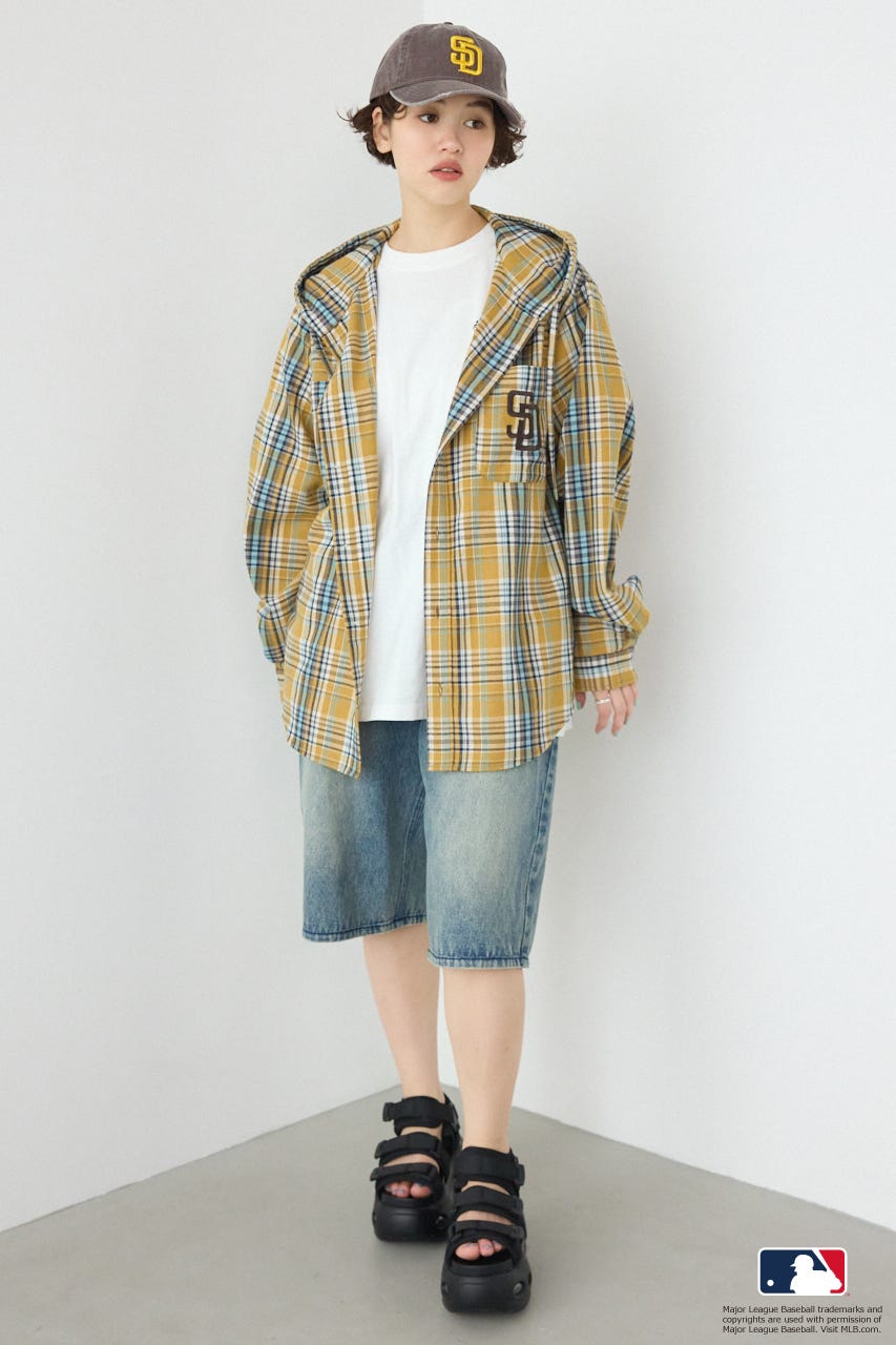 (MLB)フードチェックシャツ 柄BRN FREE