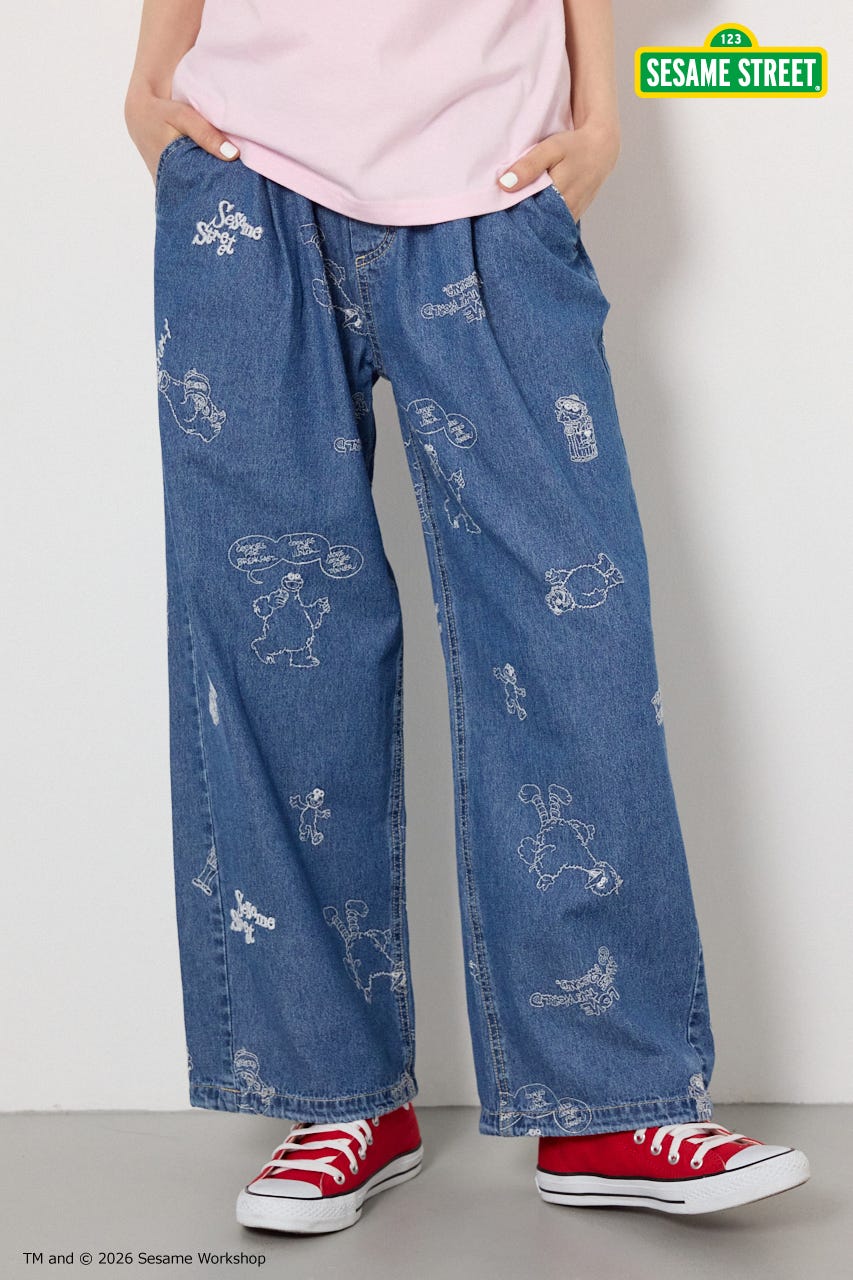 【UNISEX】(SESAME STREET) 刺繍パターンパンツ 柄BLU L