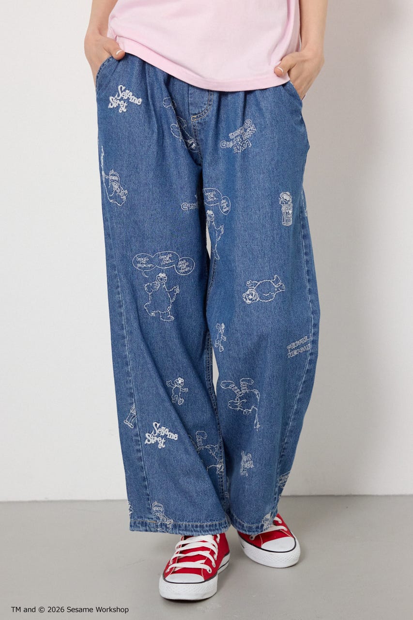 【UNISEX】(SESAME STREET) 刺繍パターンパンツ 柄BLU L