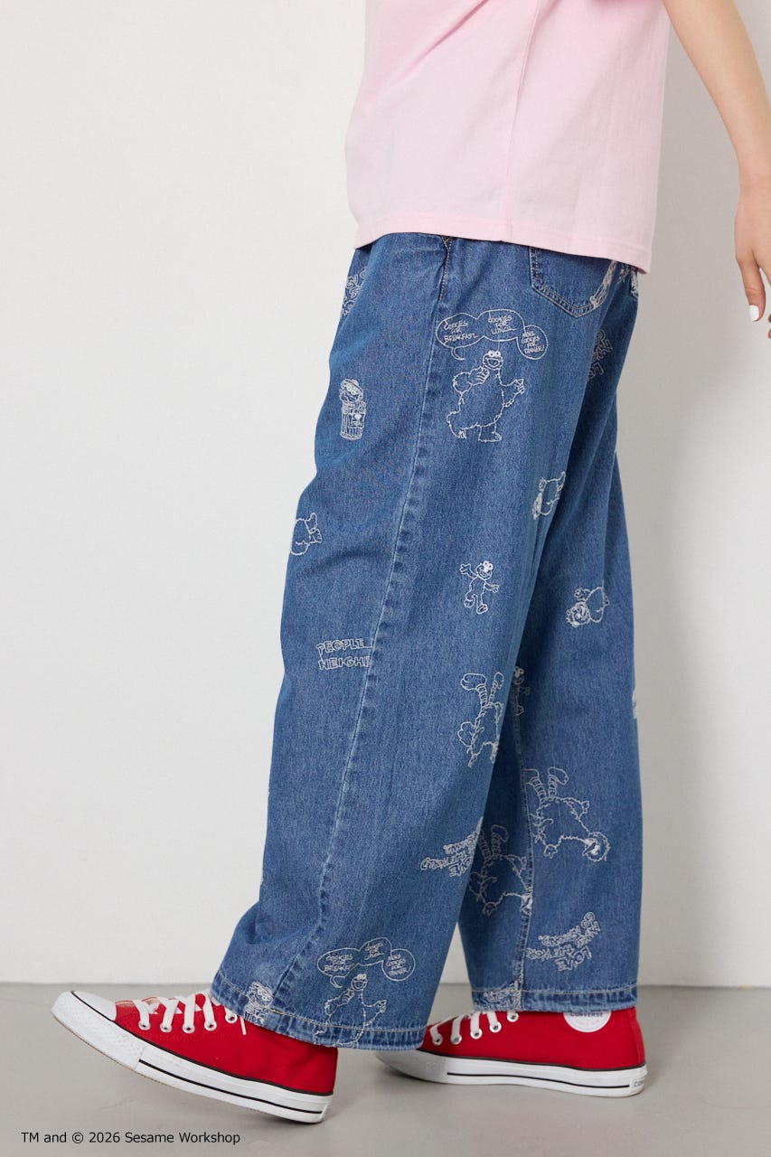 【UNISEX】(SESAME STREET) 刺繍パターンパンツ 柄BLU L