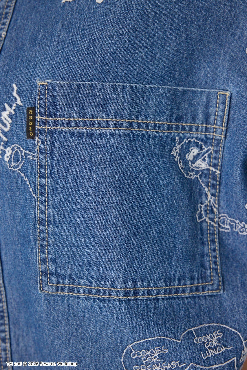 【UNISEX】(SESAME STREET) 刺繍パターンシャツ 柄BLU L