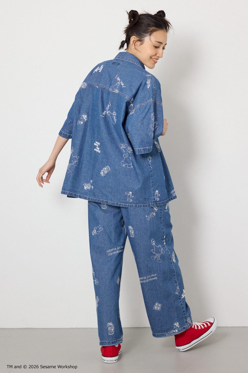 【UNISEX】(SESAME STREET) 刺繍パターンシャツ 柄BLU L