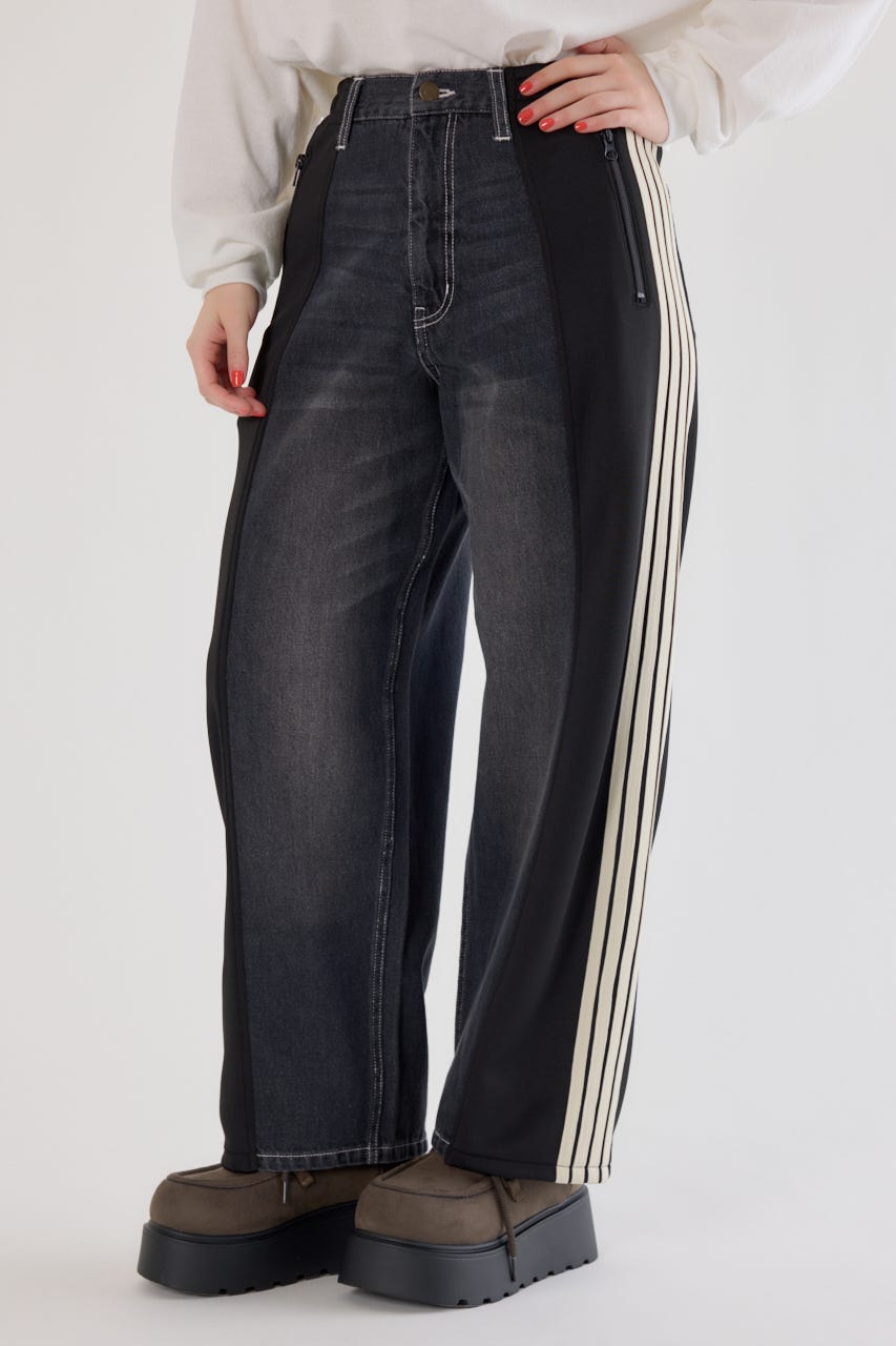 【UNISEX】カスタムトラック デニムパンツ 柄BLK S