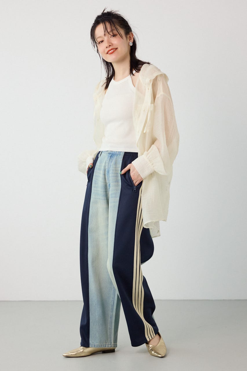 【UNISEX】カスタムトラック デニムパンツ 柄NVY S