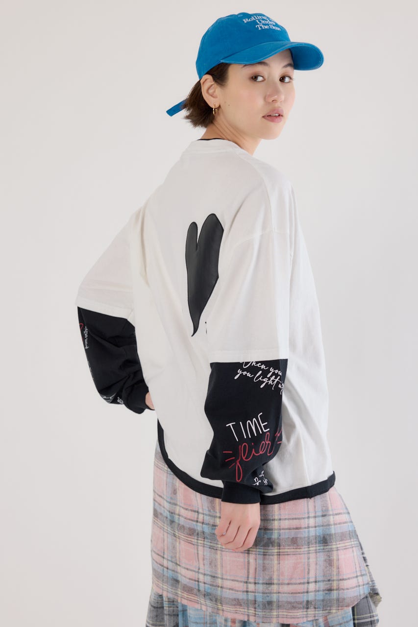 【UNISEX】ハートフェイクレイヤードトップス O/WHT L
