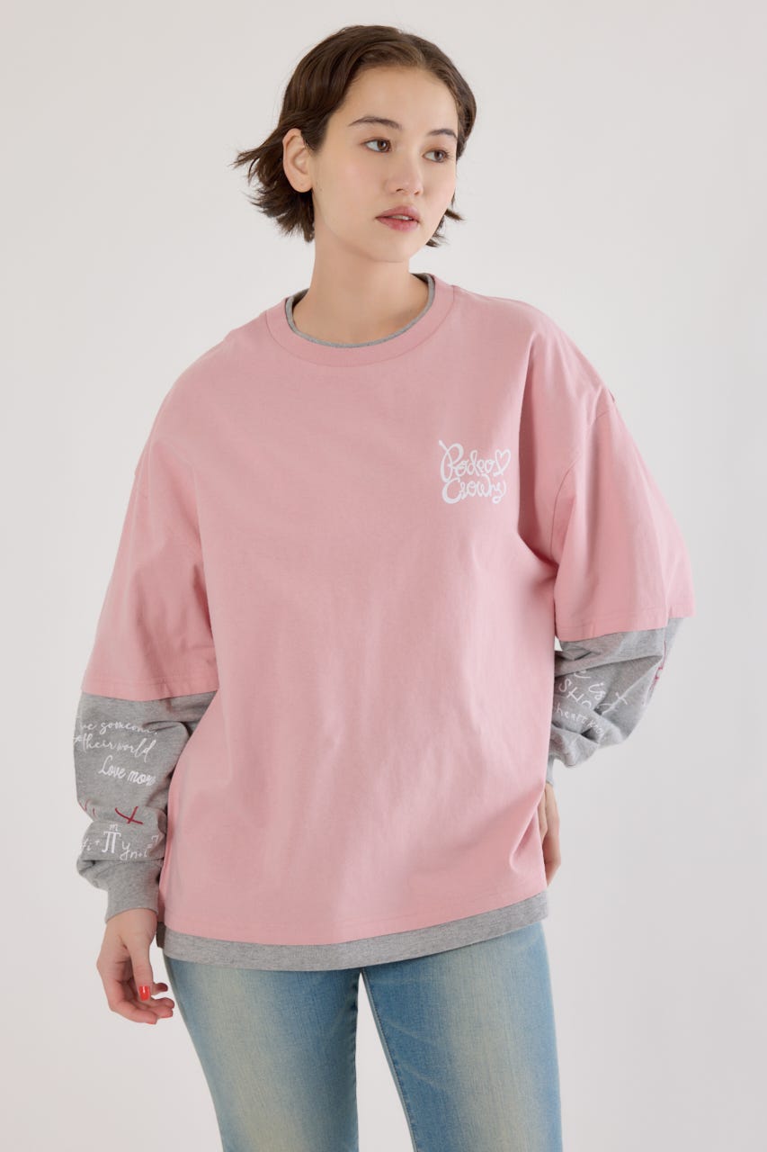 【UNISEX】ハートフェイクレイヤードトップス PNK M