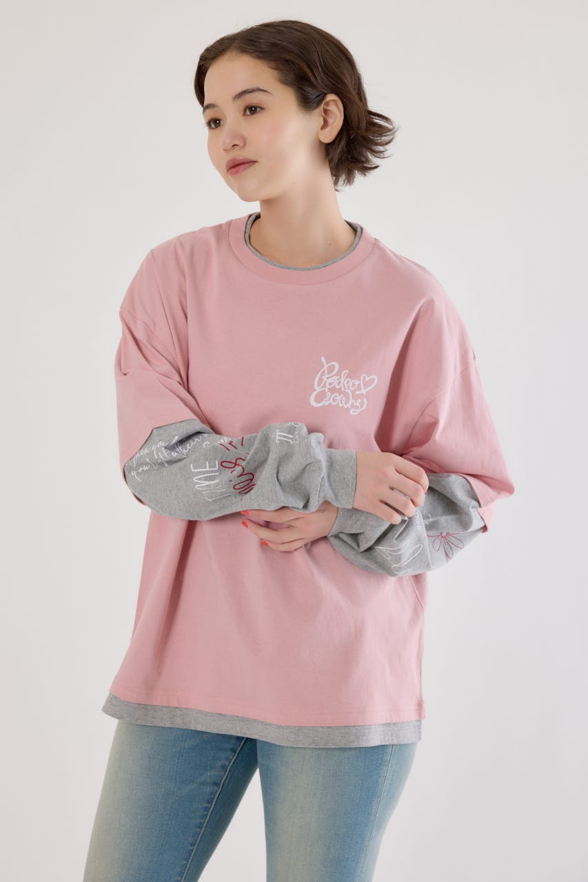 【UNISEX】ハートフェイクレイヤードトップス PNK M