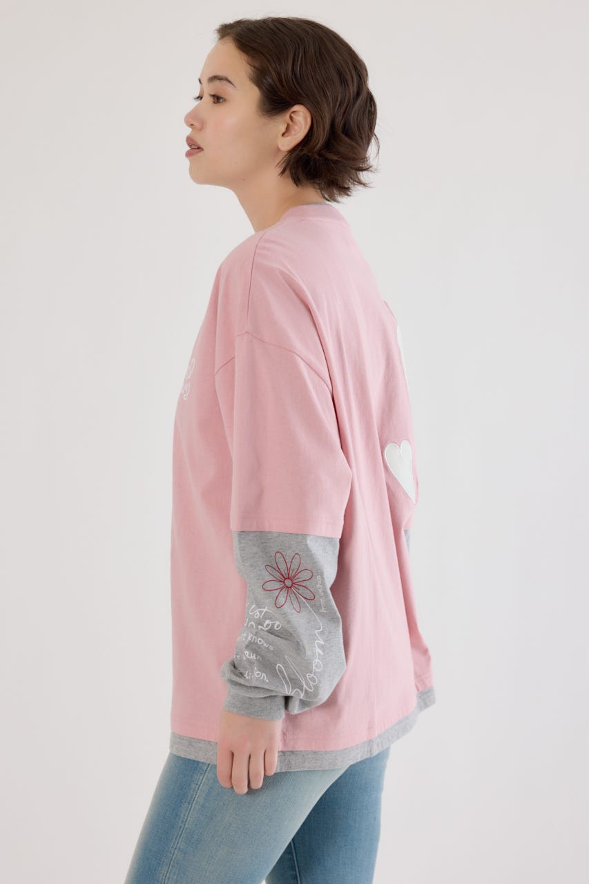 【UNISEX】ハートフェイクレイヤードトップス PNK M