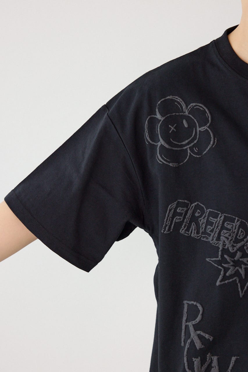 【UNISEX】クレヨンタッチ同色発泡プリントTシャツ BLK L