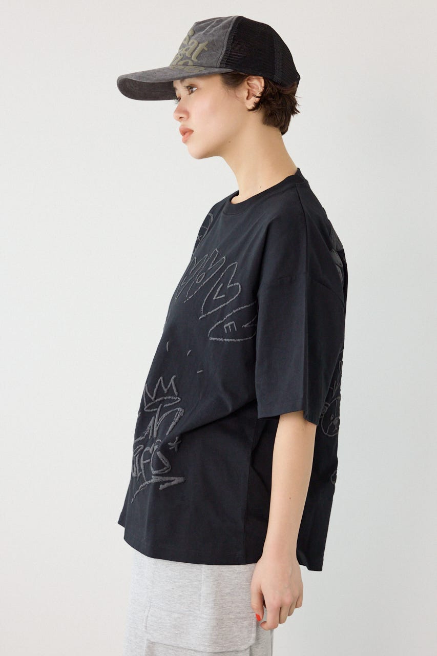【UNISEX】クレヨンタッチ同色発泡プリントTシャツ BLK L
