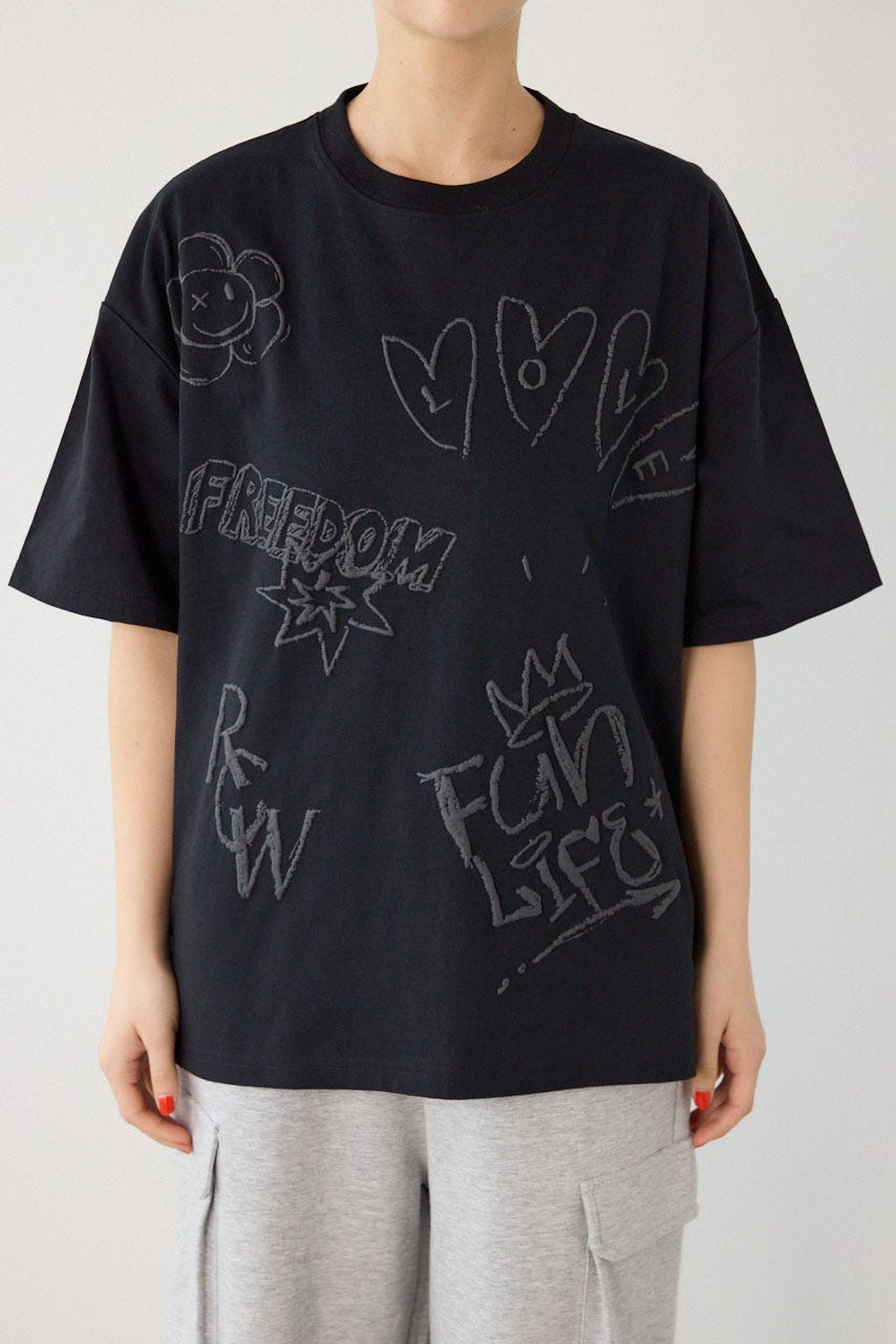 【UNISEX】クレヨンタッチ同色発泡プリントTシャツ BLK L