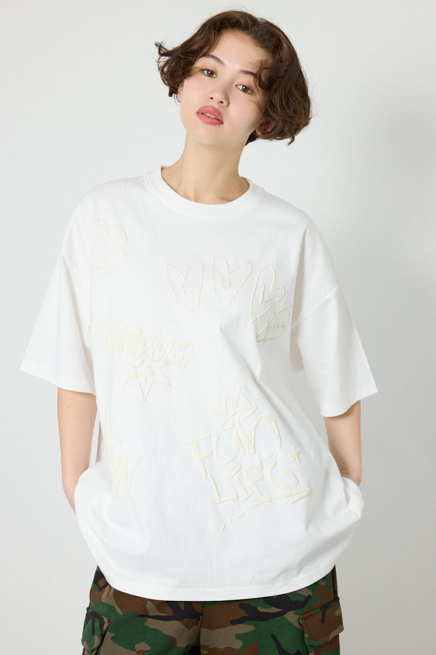 【UNISEX】クレヨンタッチ同色発泡プリントTシャツ O/WHT L