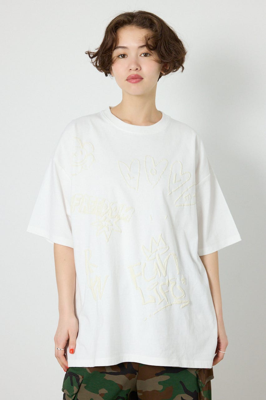 【UNISEX】クレヨンタッチ同色発泡プリントTシャツ O/WHT L