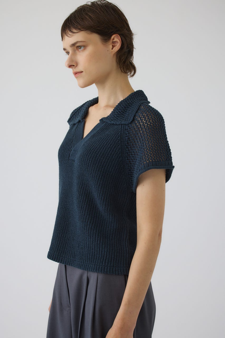 Linen mix open collar tops D/BLU FREE
