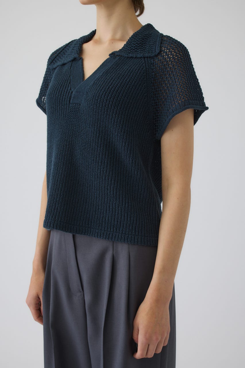Linen mix open collar tops D/BLU FREE