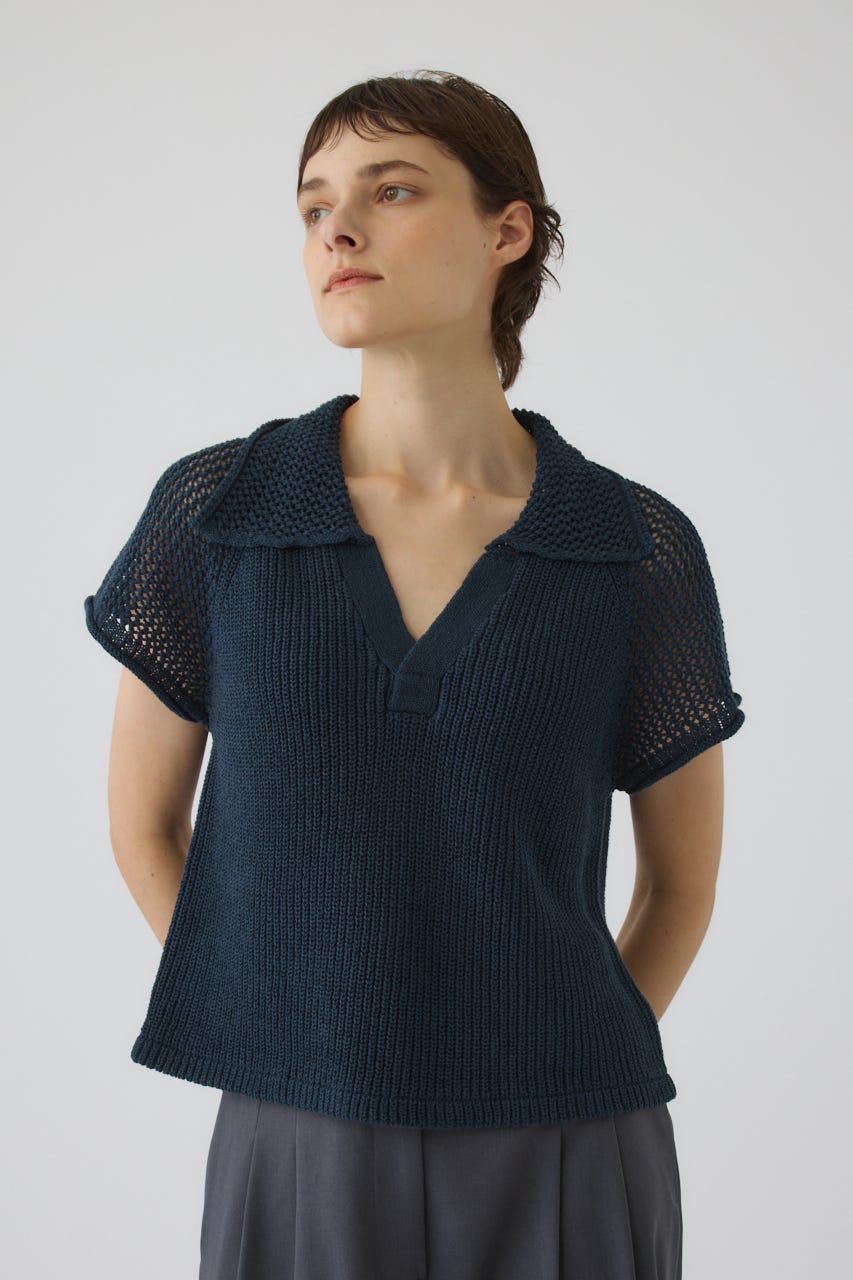 Linen mix open collar tops D/BLU FREE