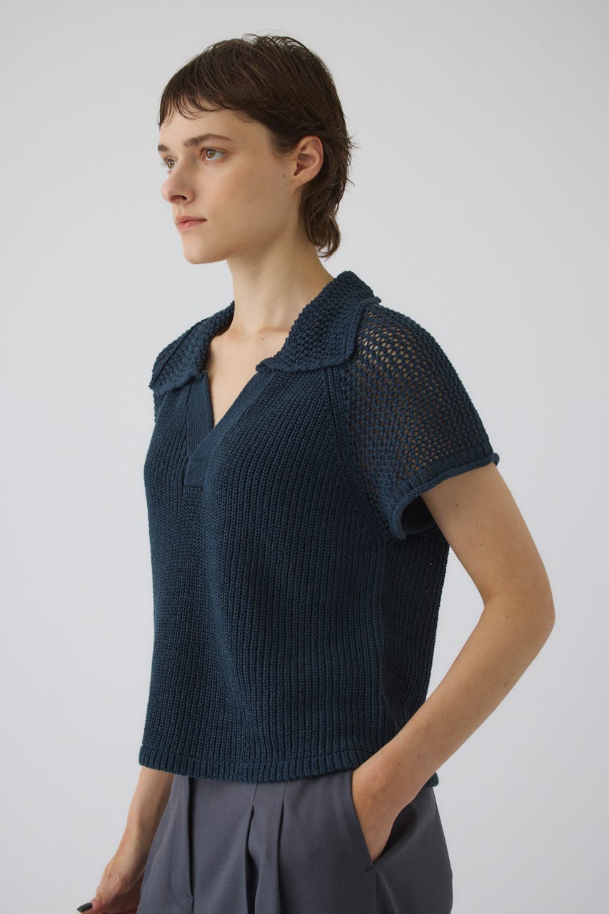 Linen mix open collar tops D/BLU FREE