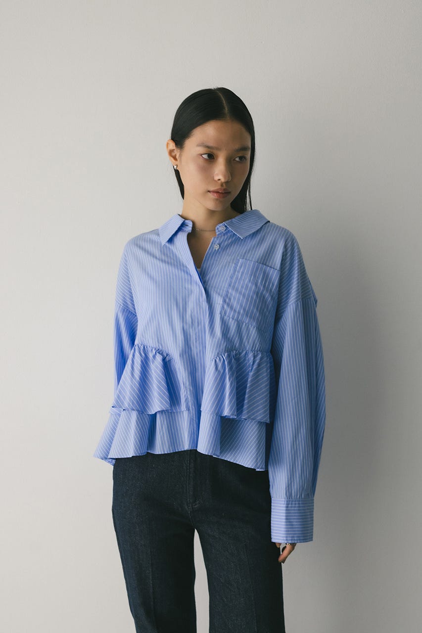 ティアードフリルシャツ 柄BLU FREE