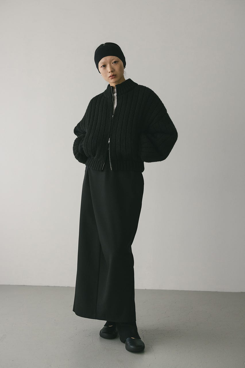 パッファーニットジップカーデ BLK FREE