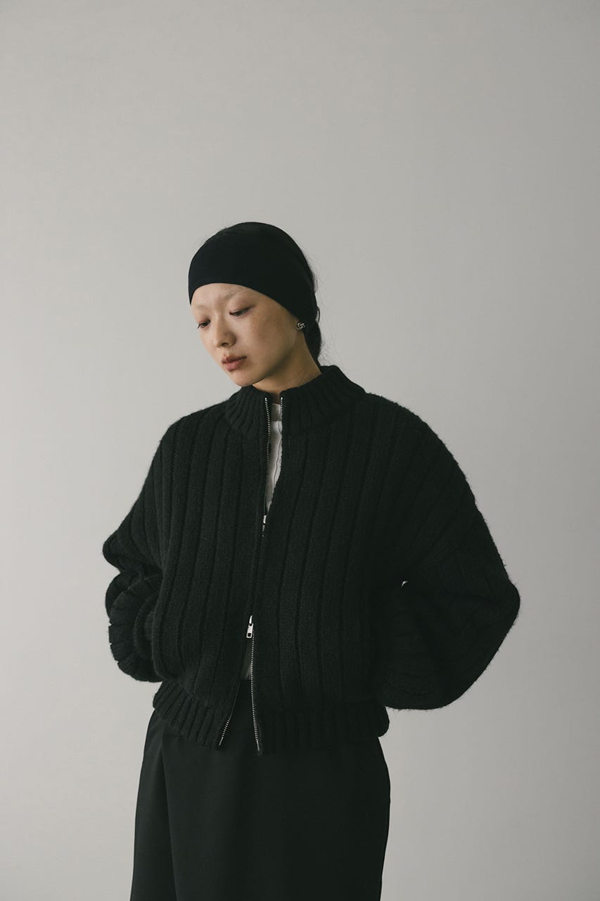 パッファーニットジップカーデ BLK FREE