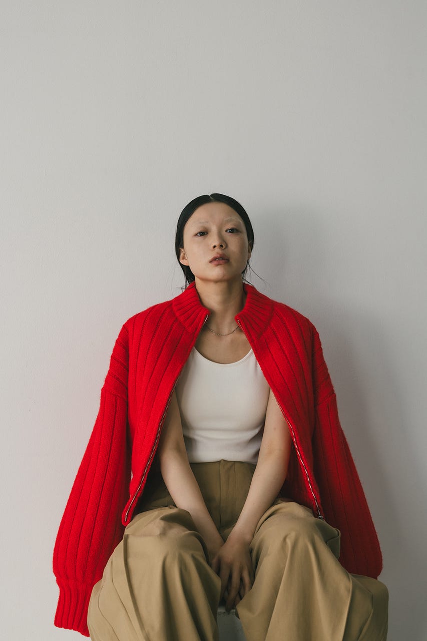 パッファーニットジップカーデ RED FREE