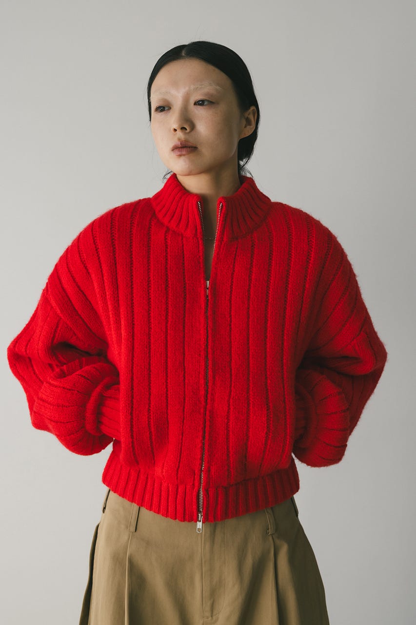 パッファーニットジップカーデ RED FREE