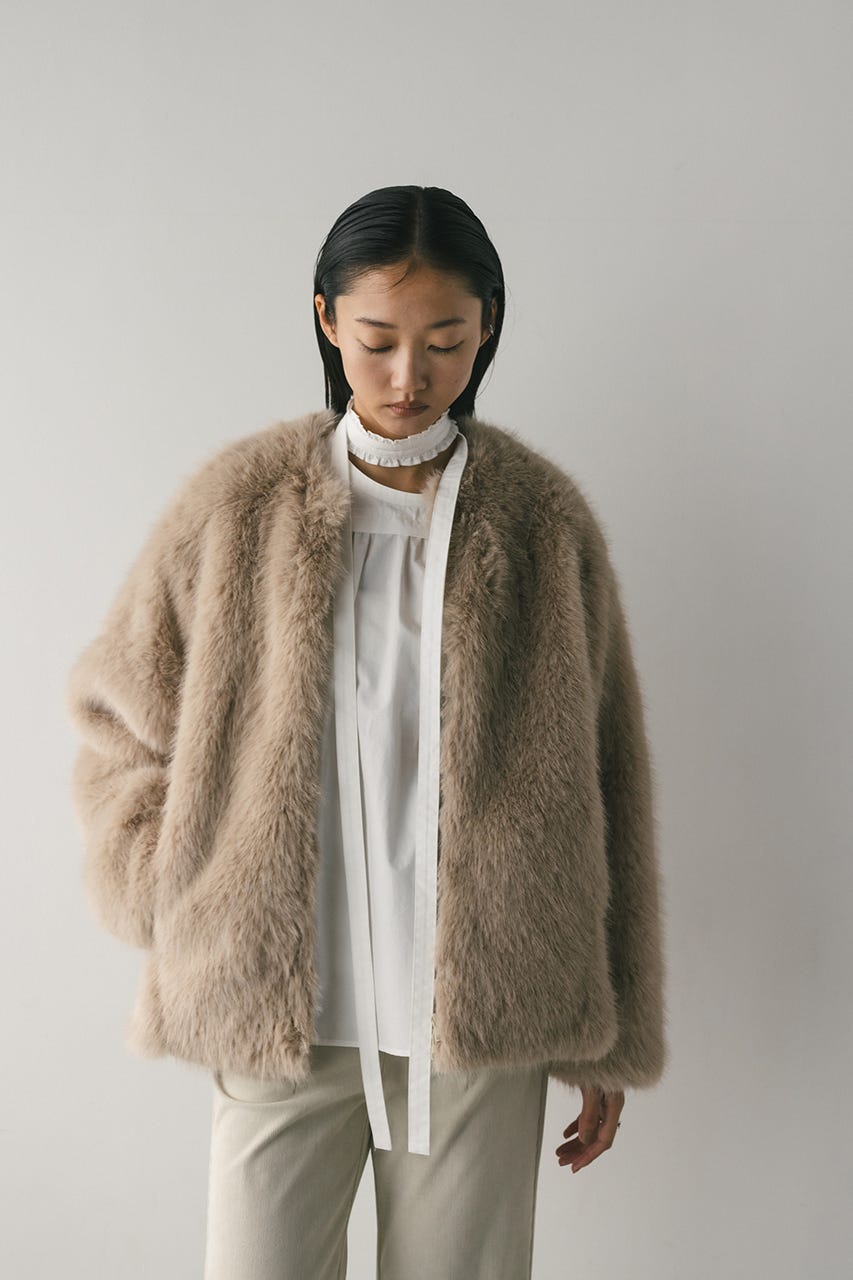 ノーカラーファージャケット L/BEG FREE