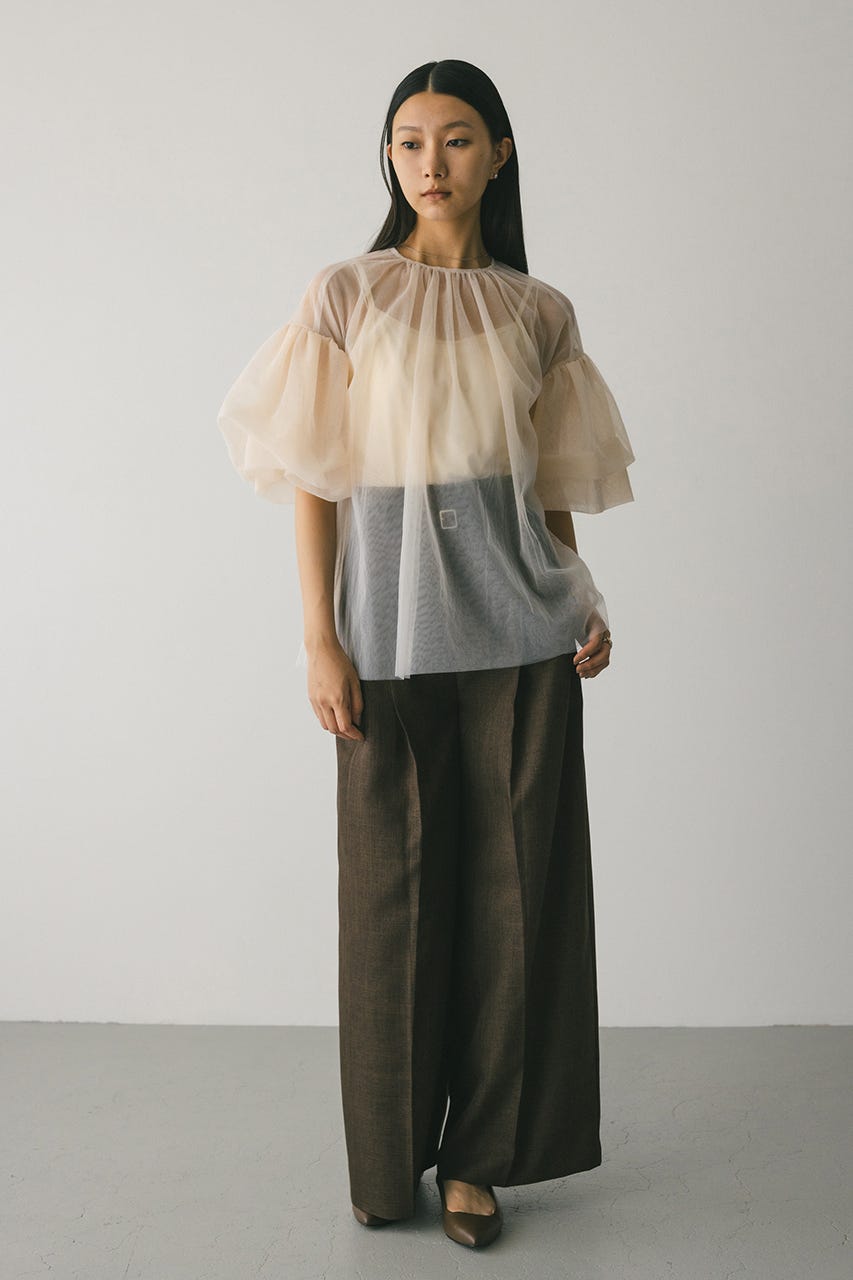 ギャザースリーブチュールトップ BEG FREE