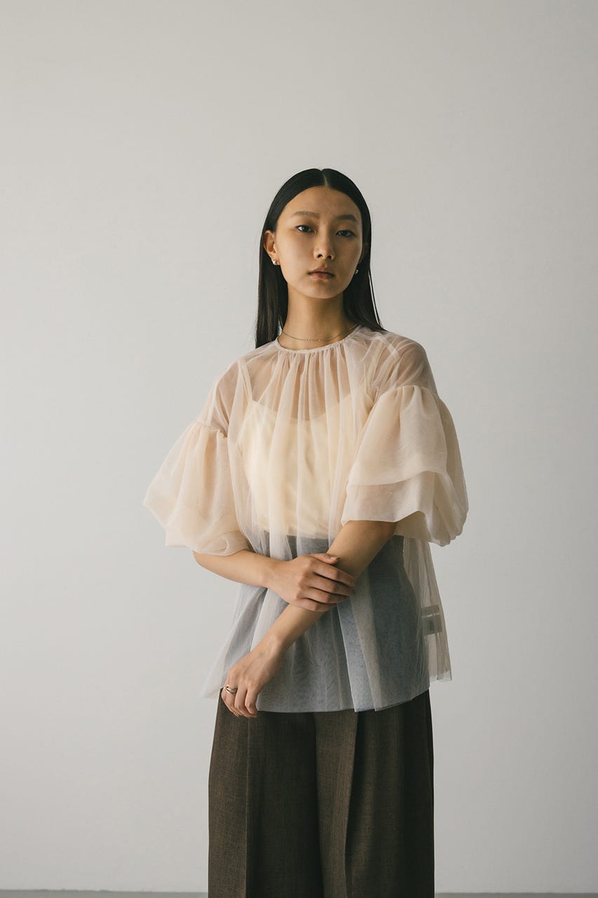 ギャザースリーブチュールトップ BEG FREE